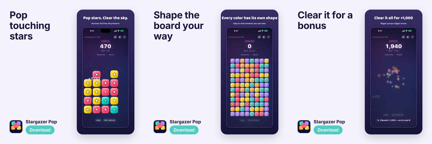 Three slides created in Meyer Launch from real Stargazer Pop screenshots: pop touching stars, shape the board, and clear it for a bonus.