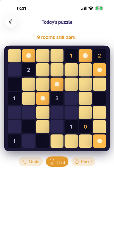 Evenglow on iPhone: today's puzzle with lamps placed and 9 rooms still dark