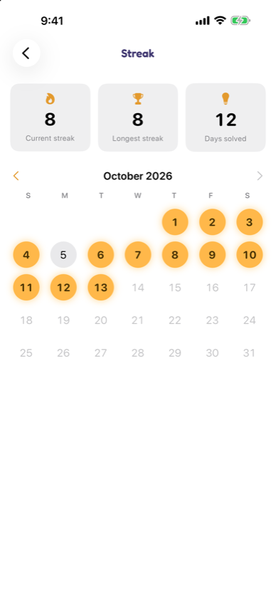 Evenglow on iPhone: the streak calendar with current and longest streak