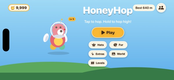 HoneyHop: home screen with the bear cub in space gear