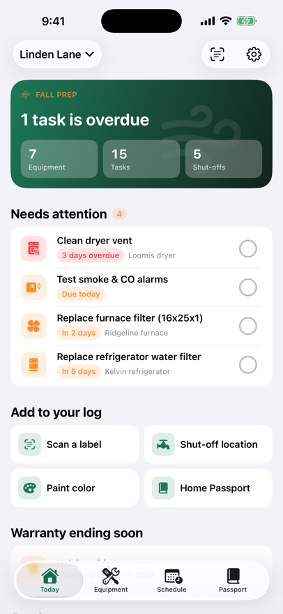Housemark: Today screen with tasks due this week