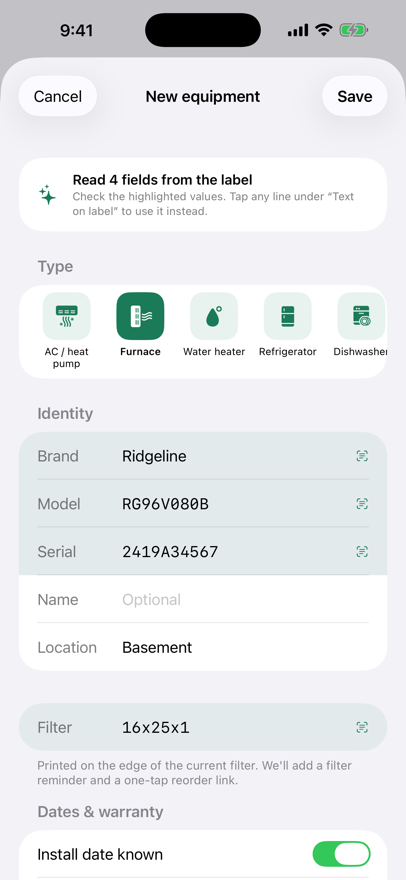 Housemark: equipment fields filled in from a scanned rating label