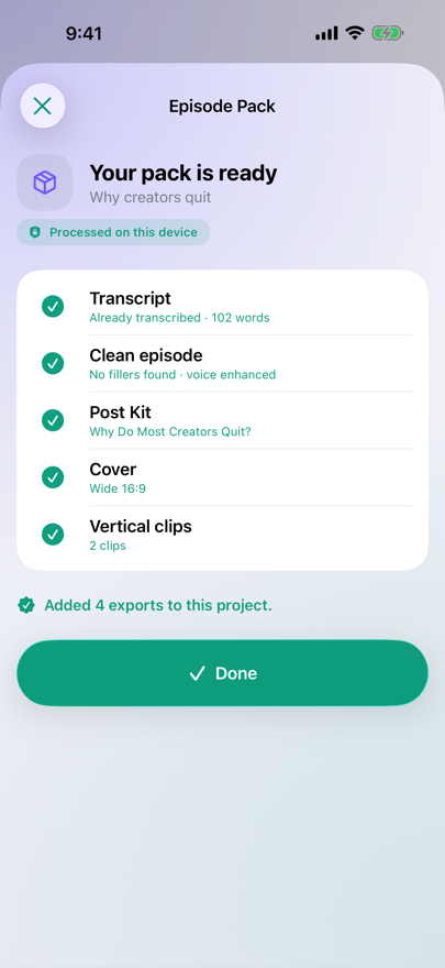 LocalStudio Episode Pack finished: transcript, clean episode, Post Kit, cover and vertical clips