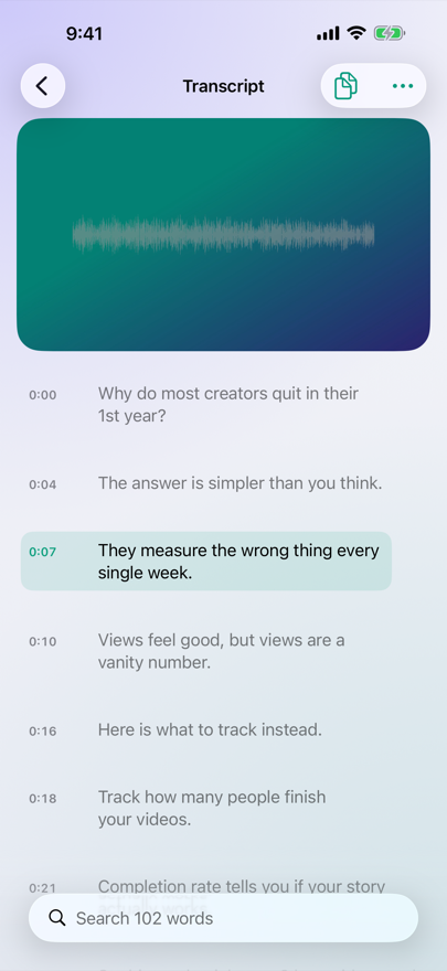 LocalStudio transcript with timestamped lines and a search field