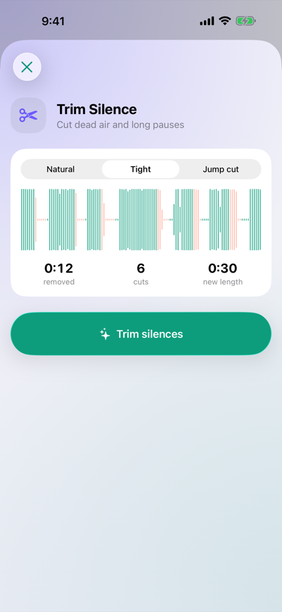 LocalStudio Trim Silence waveform preview with pauses marked for removal
