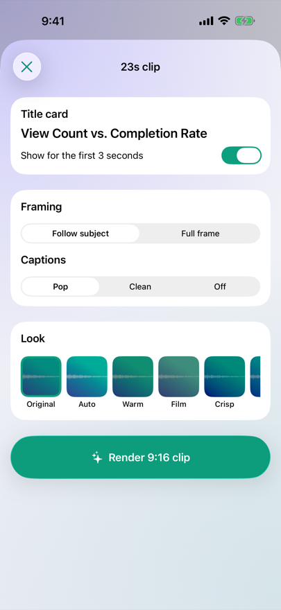 LocalStudio vertical clip settings: title card, framing, captions and look