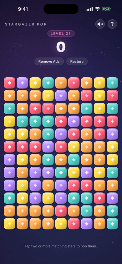 Stargazer Pop: a full board of star tiles at the start of a level