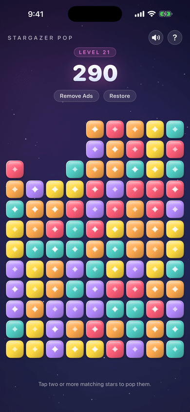 Stargazer Pop: mid-game, with gaps opening in the board as the score climbs