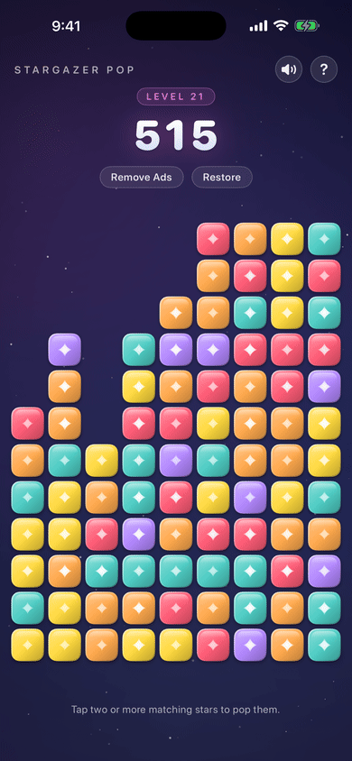 Stargazer Pop: late in a level, with uneven columns left to clear