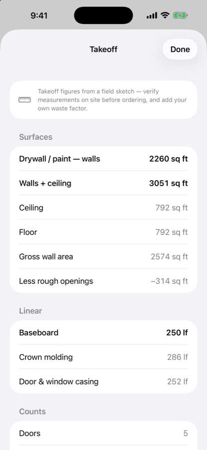Storyrod Takeoff screen: wall, ceiling and floor square footage, baseboard, crown and casing lengths