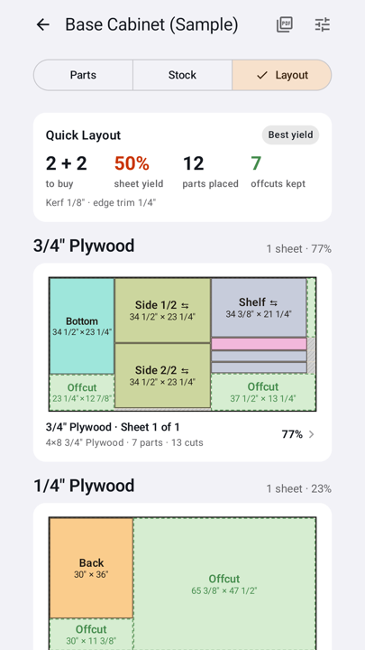 Tallycraft layout for a sample base cabinet: sheets to buy, yield, parts placed and offcuts kept