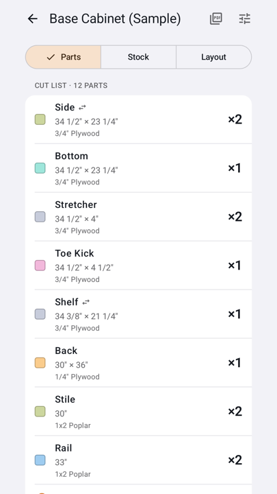 Tallycraft cut list of 12 parts for a sample base cabinet