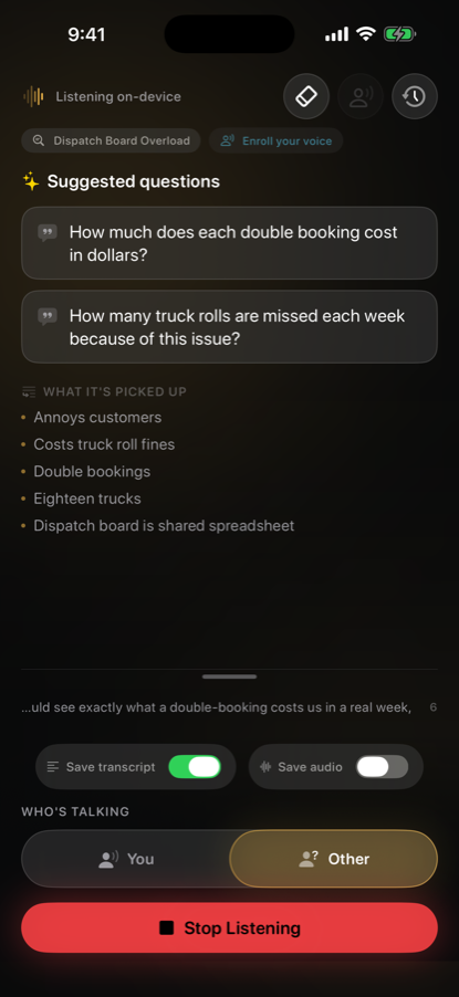 Talvor listening: suggested questions built from what the customer said, and the points it has picked up