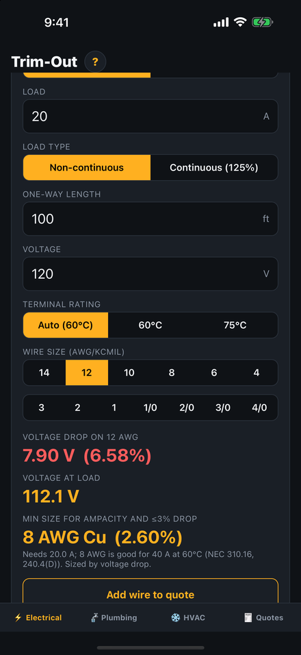 Trim-Out: voltage drop and wire size, sized by ampacity and voltage drop