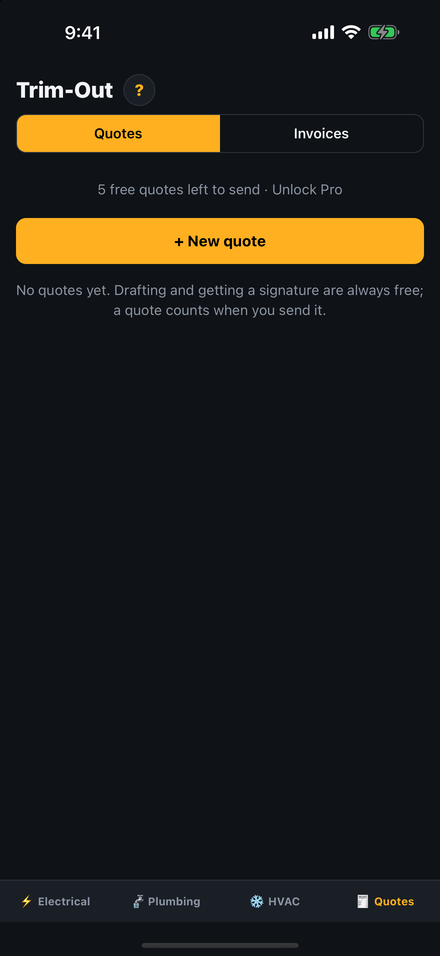 Trim-Out: quotes list showing free quotes left to send