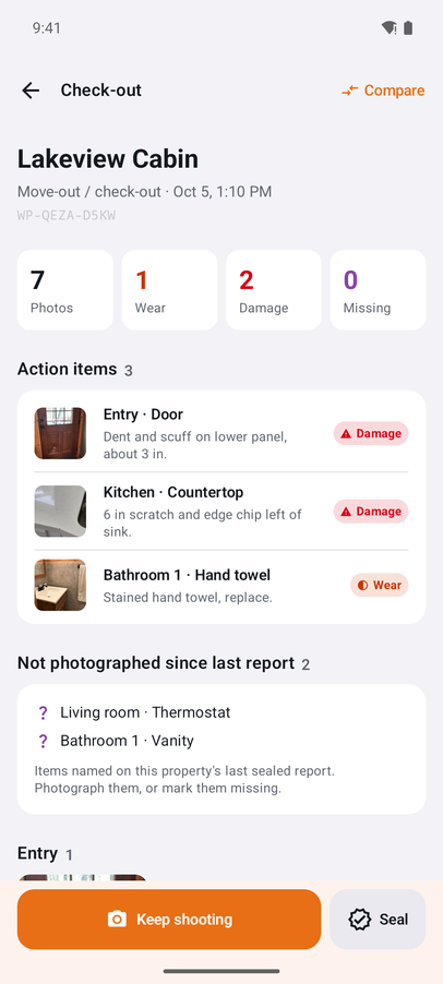 WalkProof check-out inspection listing damage and wear action items first