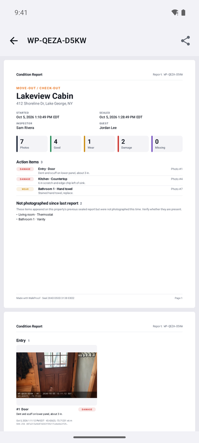 WalkProof sealed condition report PDF with summary tiles and action items